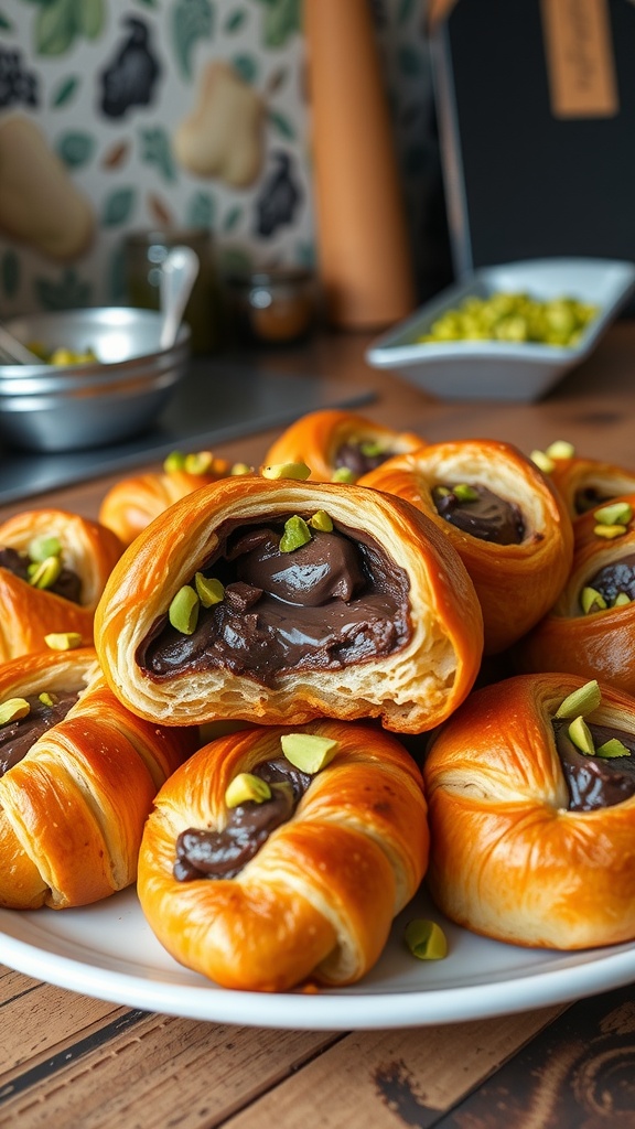 Delicious chocolate-pistachio croissant rolls filled with Dubai Chocolate and nuts, served on a rustic plate.